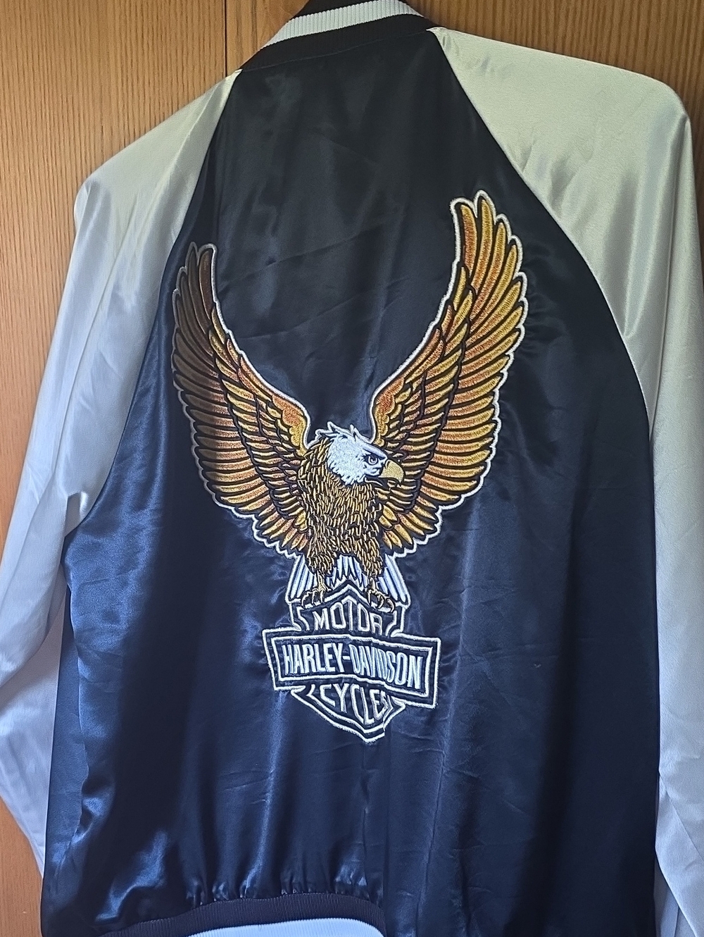Harley-Davidson Black and White Satin Bomber Jacket with Embroidered Eagle
